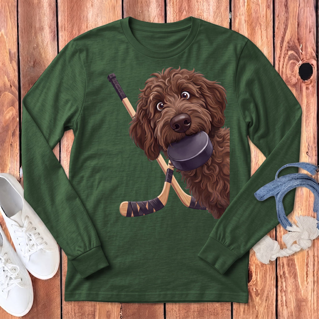 Chocolate Goldendoodle Hockey Long Sleeve T-Shirt in Heather Forest / S by Puppy Jo