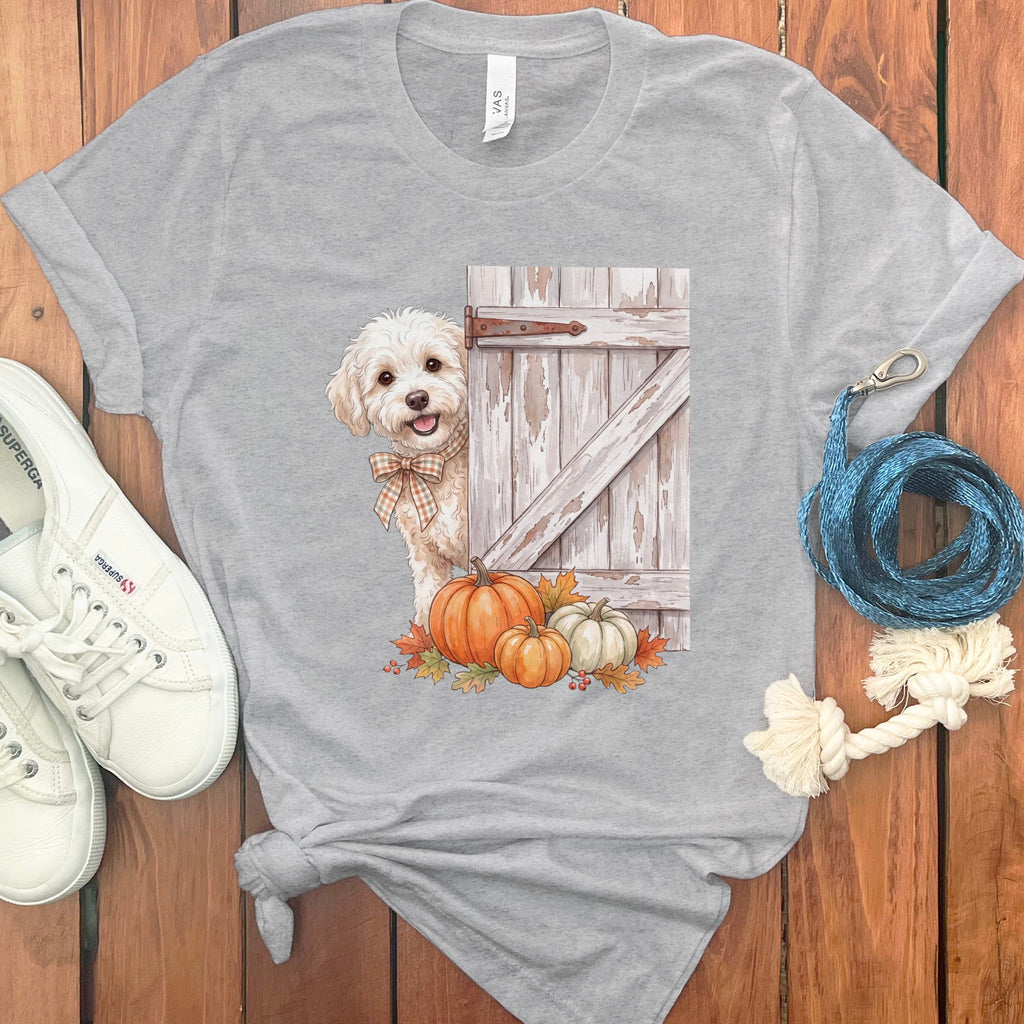 Maltipoo Barn Peeking T-Shirt in Athletic Heather / S by Puppy Jo