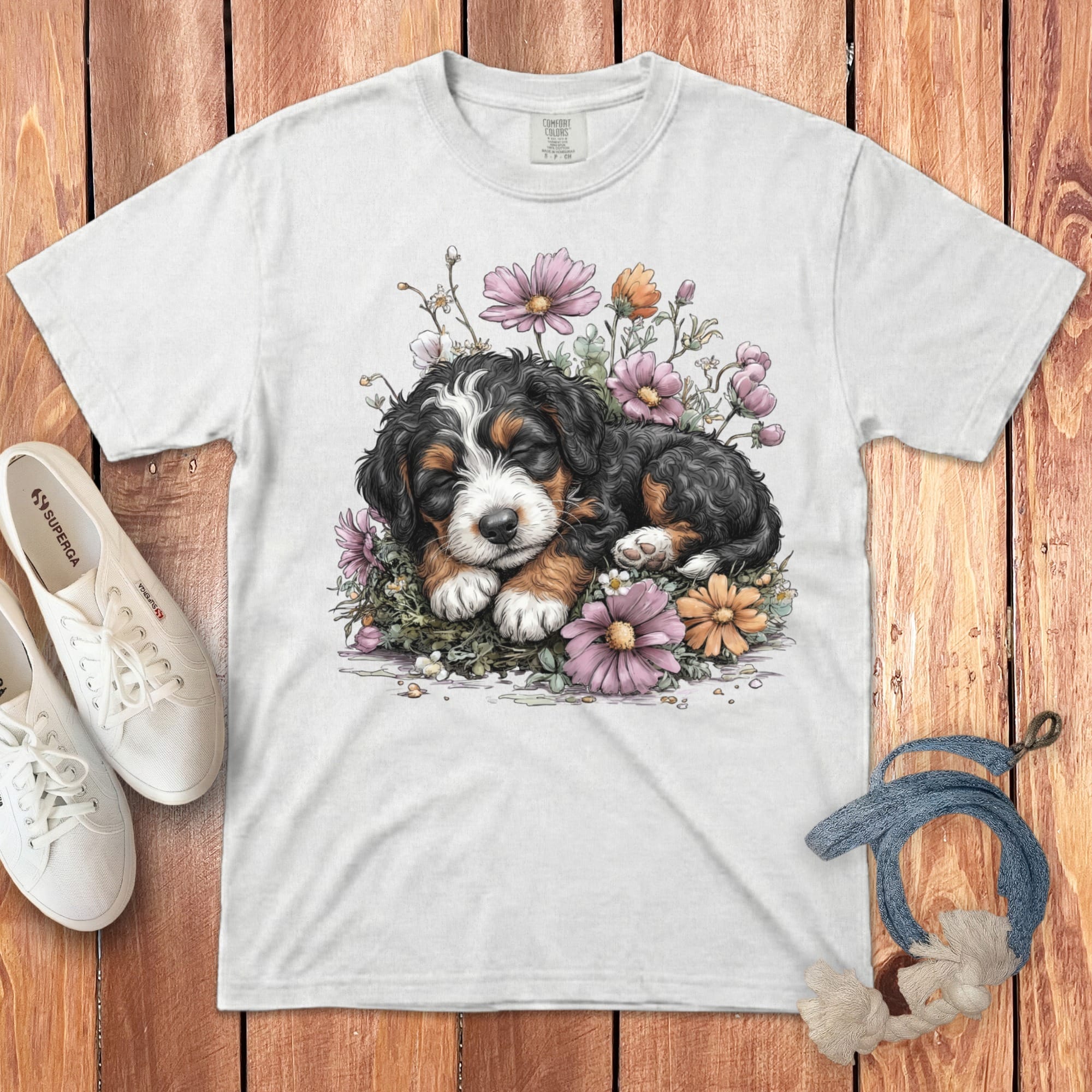 White t-shirt with a watercolor painting of a Bernese Mountain Dog puppy sleeping amongst flowers.