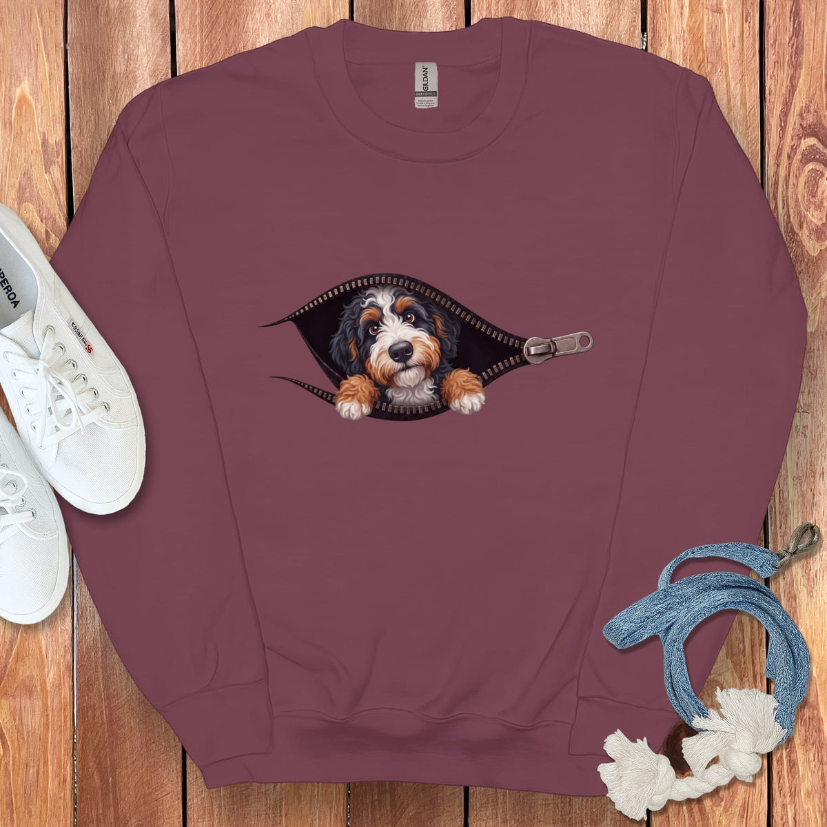 Bernedoodle Peeking Zipper Sweatshirt in Maroon / S by Puppy Jo