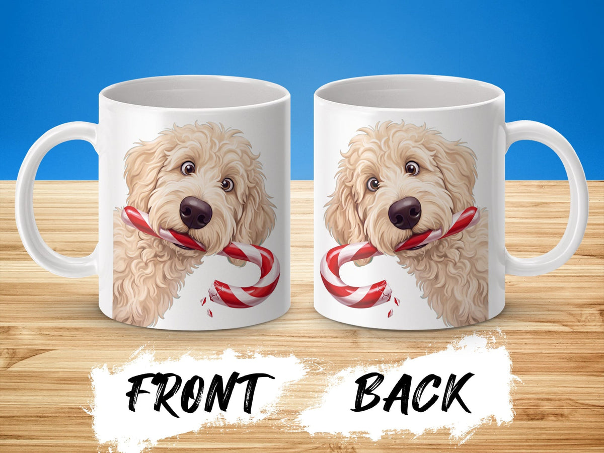 Cream Goldendoodle Candy Cane Thief Mug in by Puppy Jo