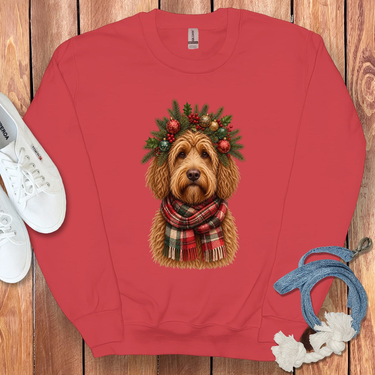 Golden Goldendoodle Holiday Crown Sweatshirt in Red / S by Puppy Jo