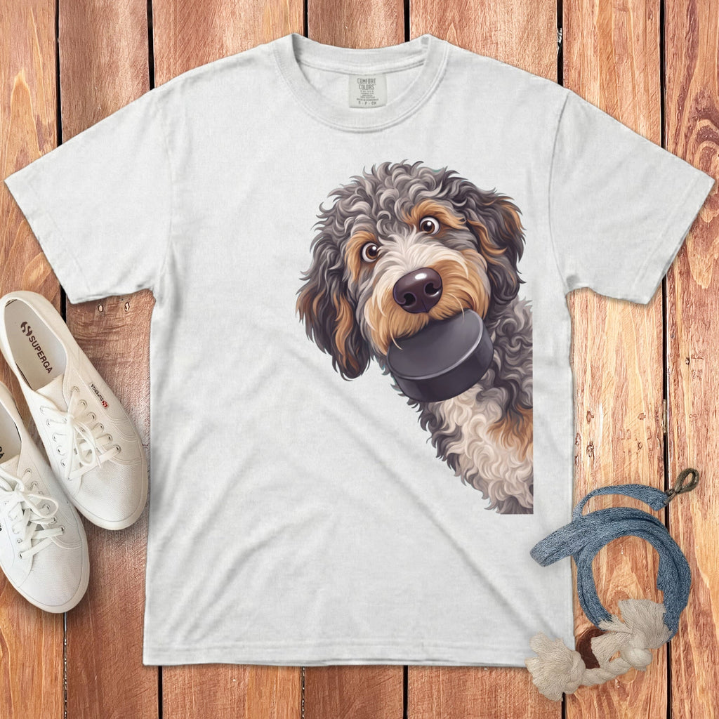 Aussiedoodle Hockey Puck Signature T-Shirt in White / S by Puppy Jo