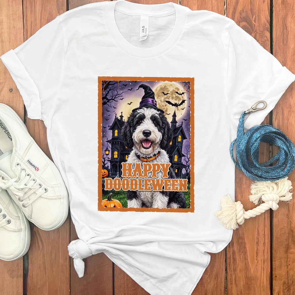 Sheepadoodle Happy Doodleween T-Shirt in White / M by Puppy Jo