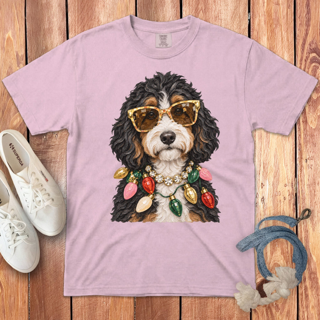 Pink t-shirt with a Bernese Mountain Dog wearing sunglasses and a Christmas light necklace.