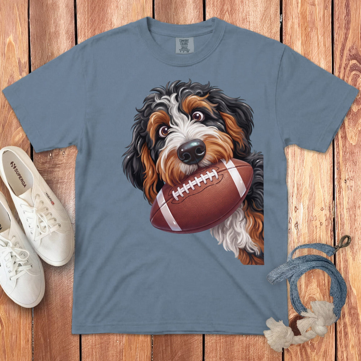 Bernese Mountain Dog puppy with football in mouth on blue t-shirt.