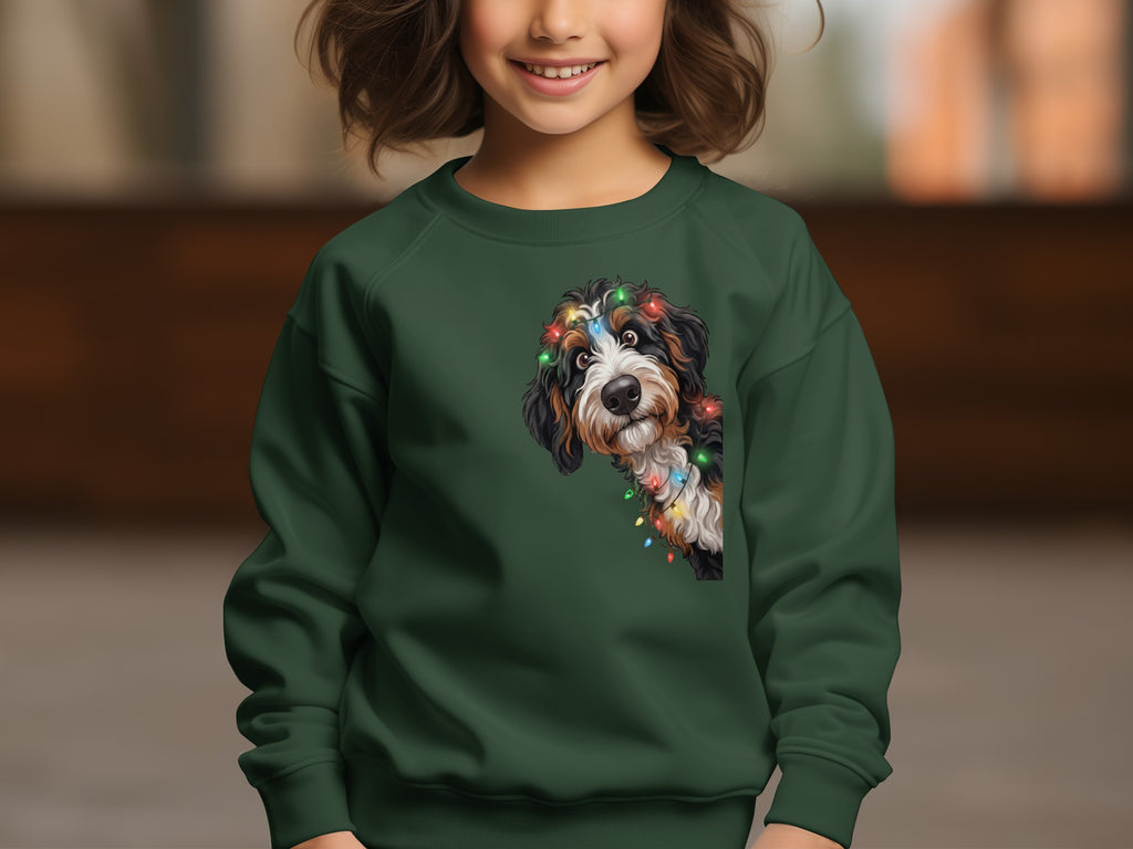 Bernese Mountain Dog peeking from Christmas lights on a dark green sweatshirt.