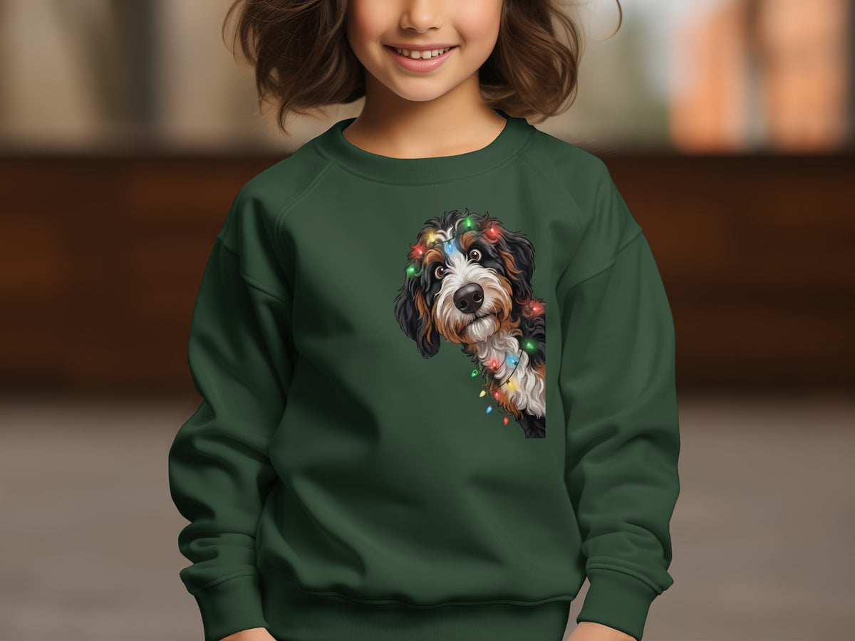 Bernese Mountain Dog peeking from Christmas lights on a dark green sweatshirt.