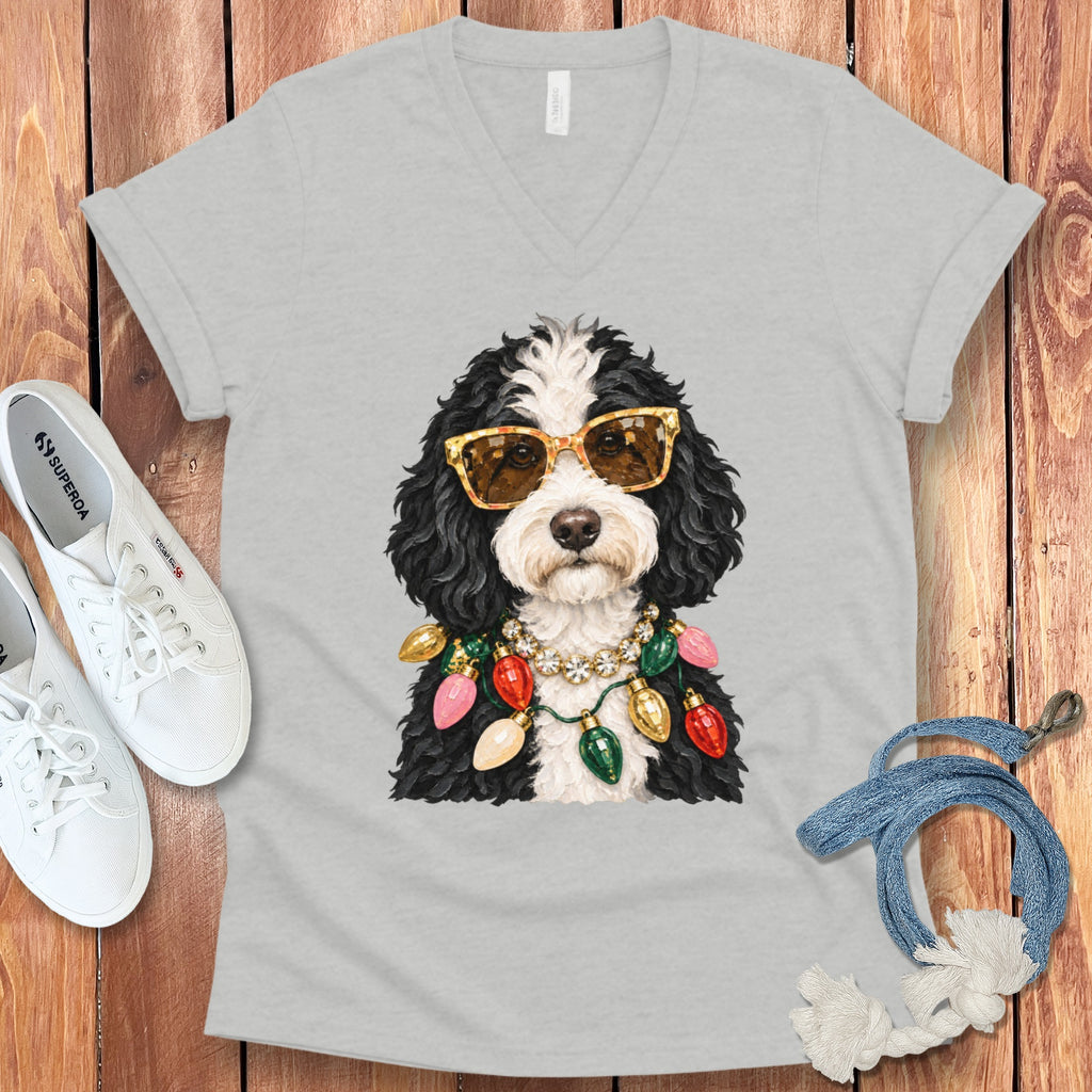 Grey v-neck t-shirt with a dog wearing sunglasses and Christmas lights.