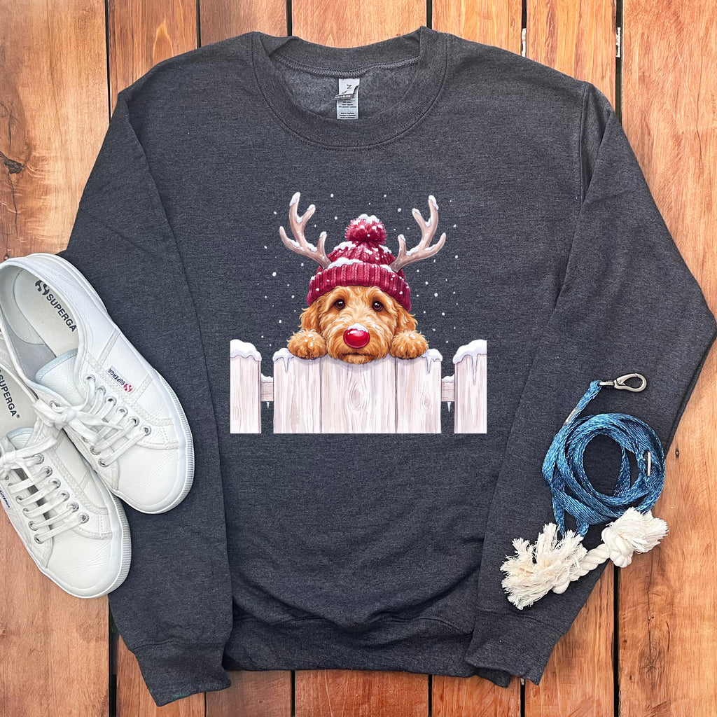 Dark grey sweatshirt with Christmas dog graphic and white sneakers.