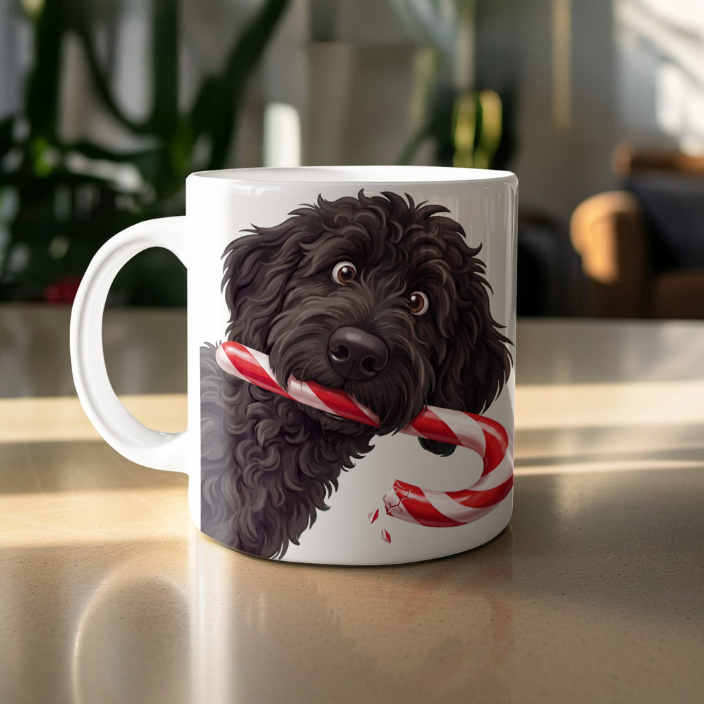 Black Goldendoodle Candy Cane Thief Mug in by Puppy Jo