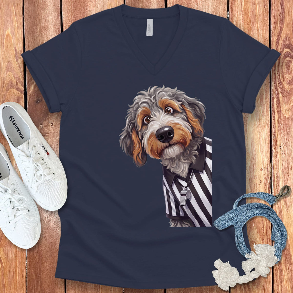 Aussiedoodle Football Referee V-Neck T-Shirt in Navy / S by Puppy Jo