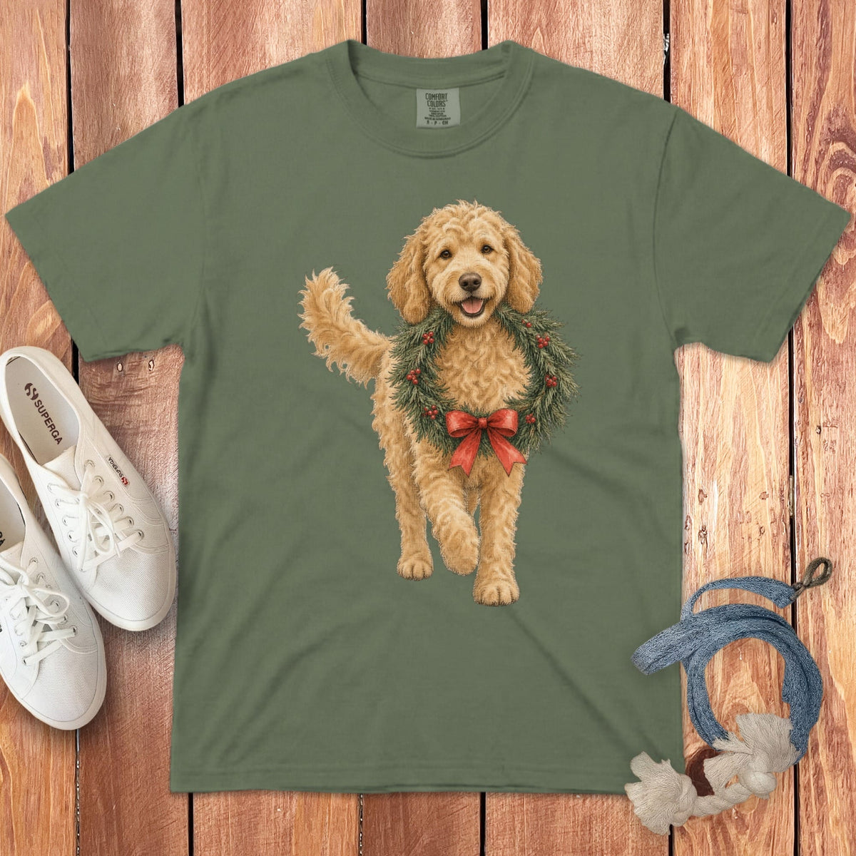 Golden Goldendoodle Wreath Signature T-Shirt in Moss / S by Puppy Jo