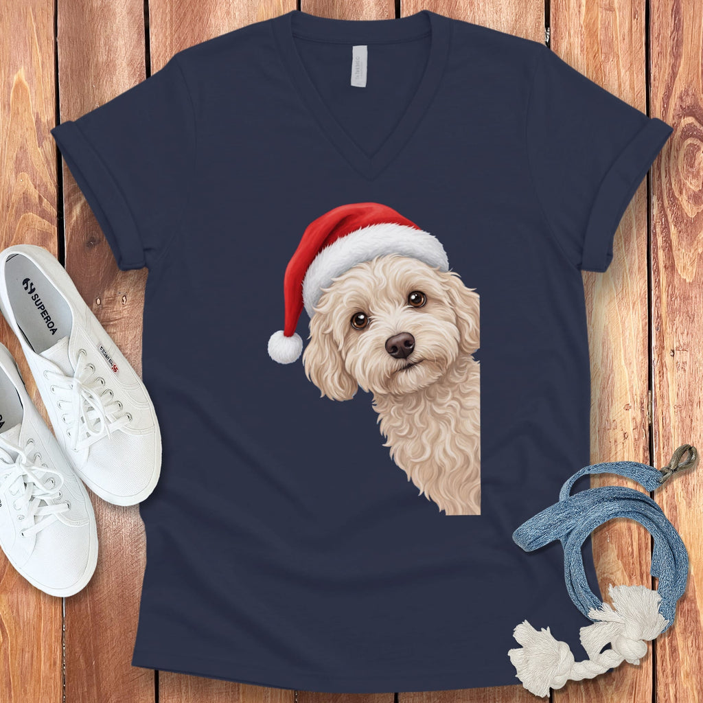 Maltipoo Holiday Santa V-Neck T-Shirt in Navy / S by Puppy Jo