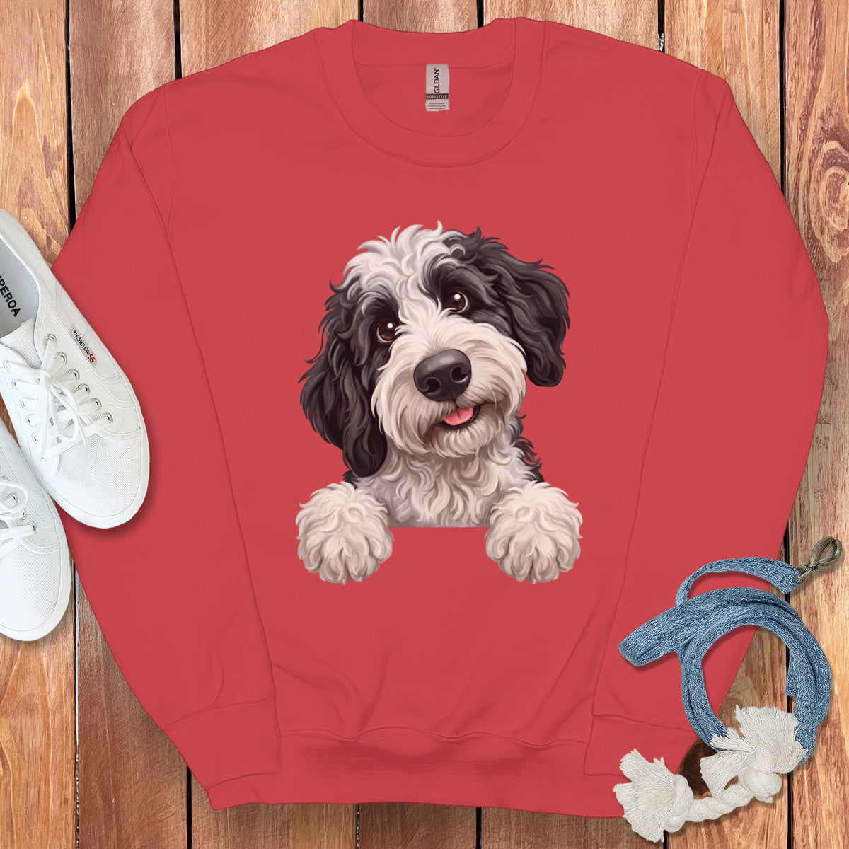 Red sweatshirt with a black and white fluffy dog graphic and a Gildan tag.