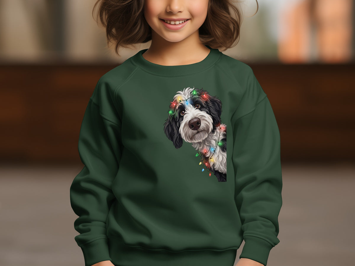 Dog with colorful Christmas lights on green sweatshirt worn by child.