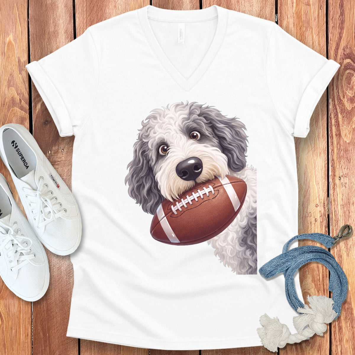 Sheepadoodle Football V-Neck T-Shirt in White / S by Puppy Jo