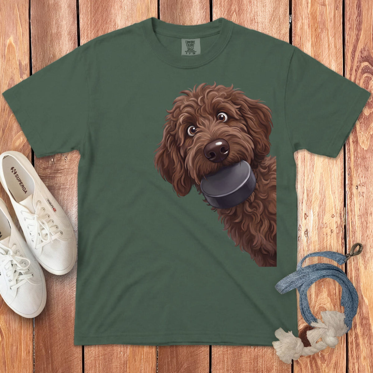 Chocolate Goldendoodle Hockey Puck Signature T-Shirt in Blue Spruce / S by Puppy Jo