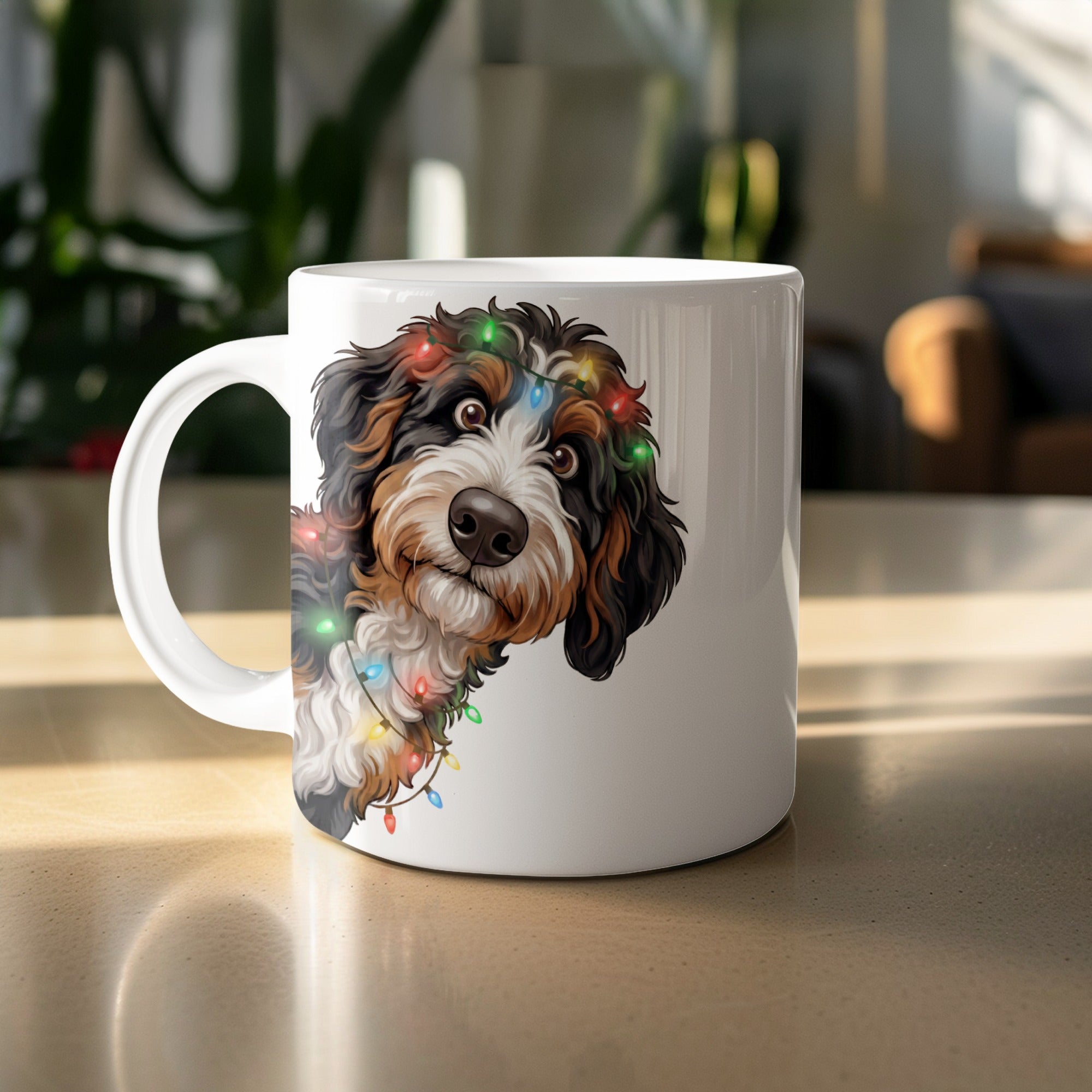 White mug with a Bernese Mountain Dog wearing colorful Christmas lights.