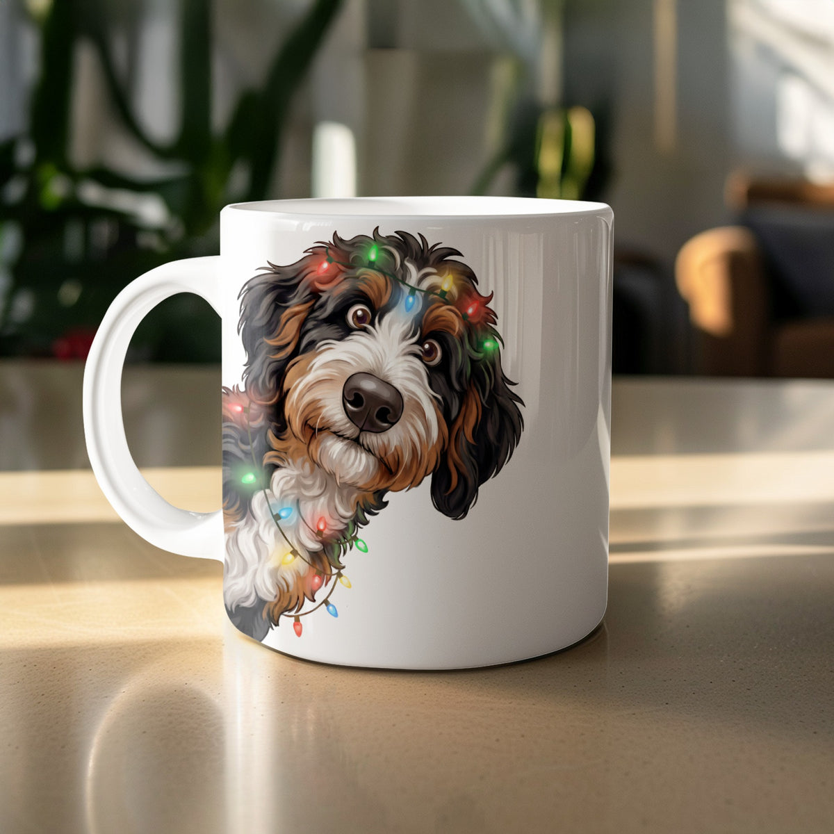 White mug with a Bernese Mountain Dog wearing colorful Christmas lights.