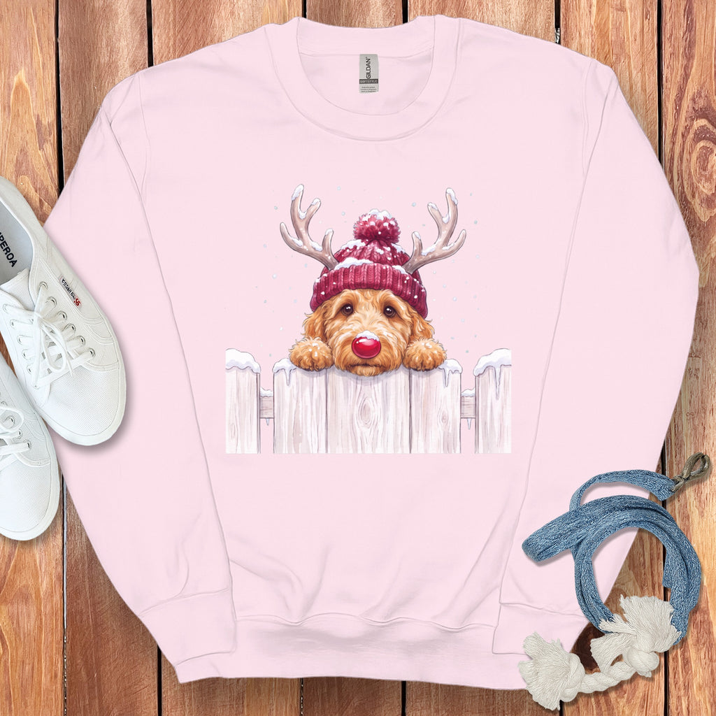 Pink sweatshirt with a doodle dog wearing a Santa hat and reindeer antlers.