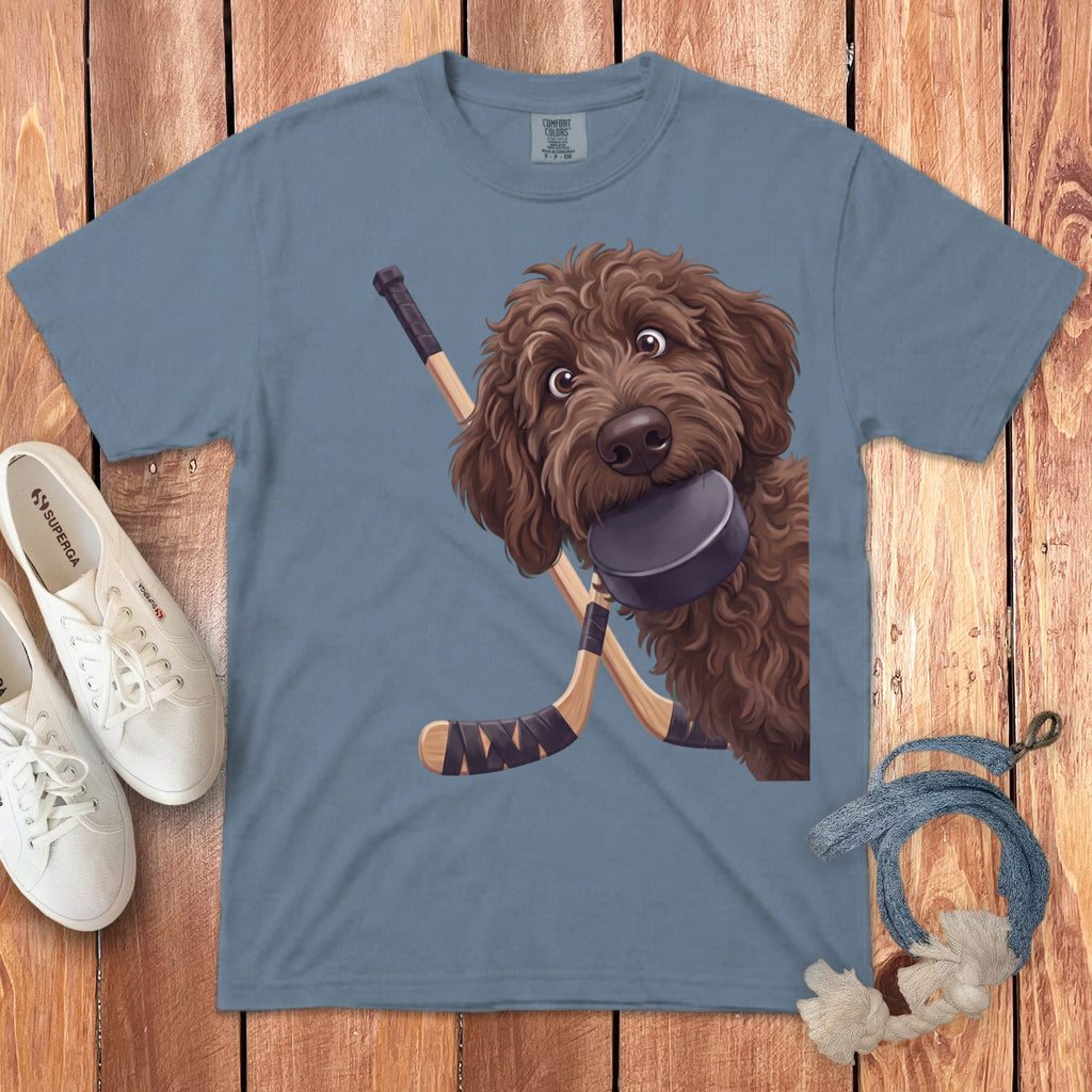 Chocolate Goldendoodle Hockey Signature T-Shirt in Blue Jean / S by Puppy Jo