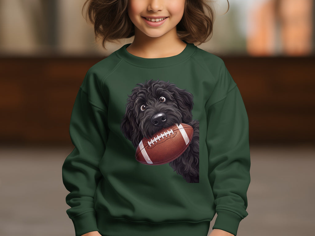 Dark green sweatshirt with a black dog holding a football graphic.