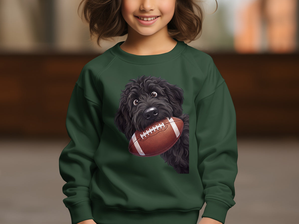 Dark green sweatshirt with a black dog holding a football graphic.