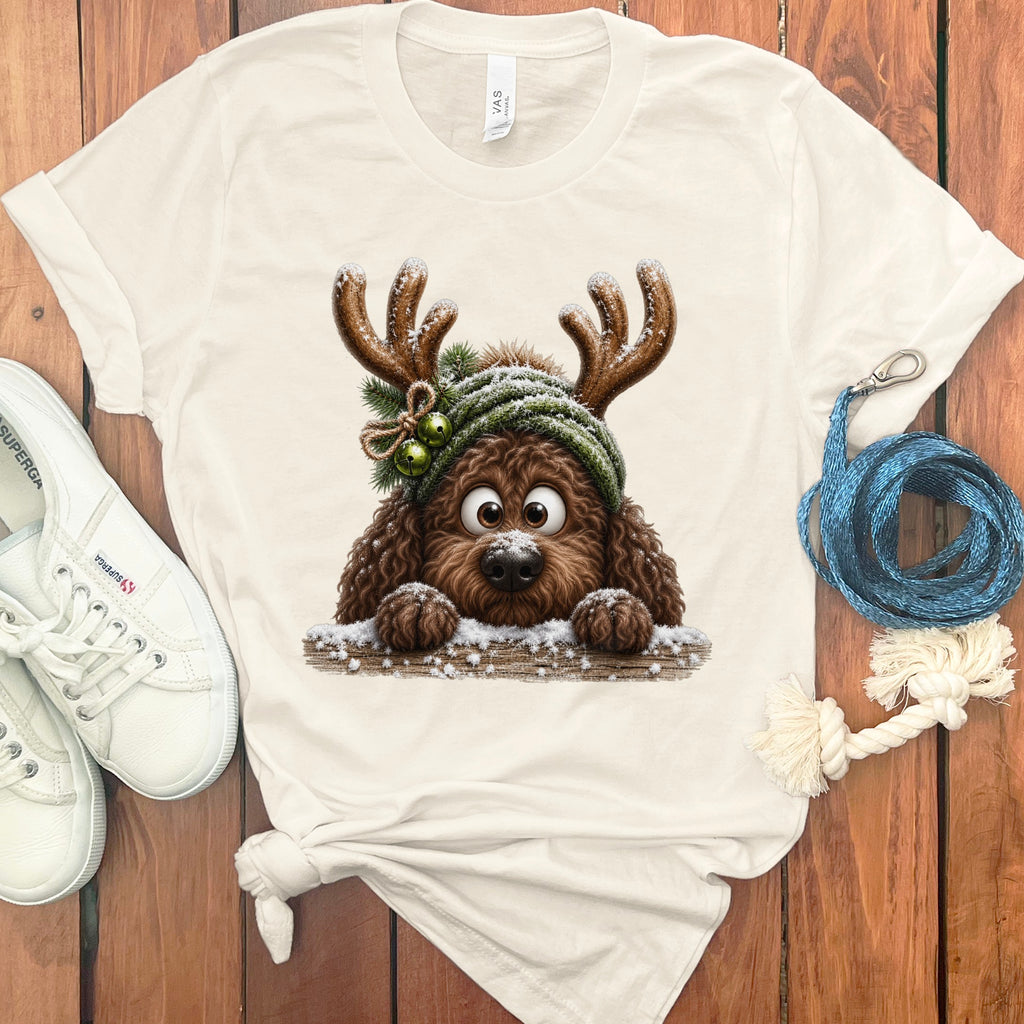 Cream t-shirt featuring a cartoon brown dog with reindeer antlers and a green hat.