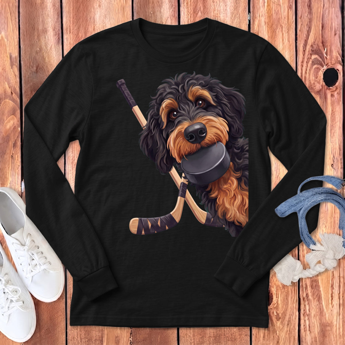 Phantom Goldendoodle Hockey Long Sleeve T-Shirt in Dark Grey Heather / S by Puppy Jo