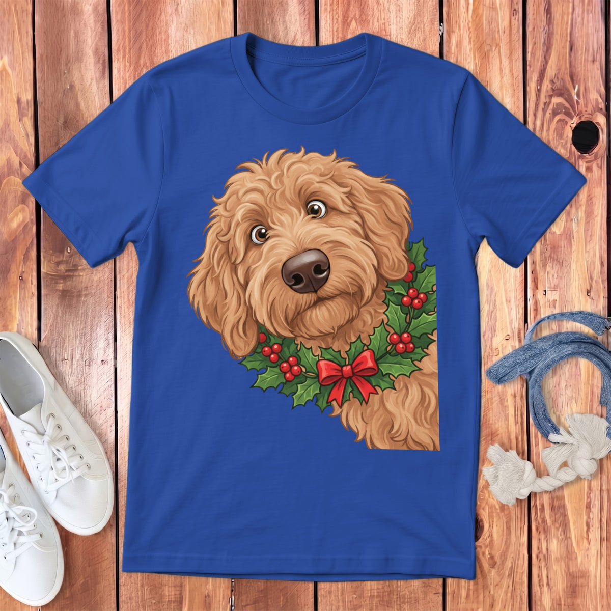 Blue t-shirt with a doodle dog wearing a holly wreath and red bow.