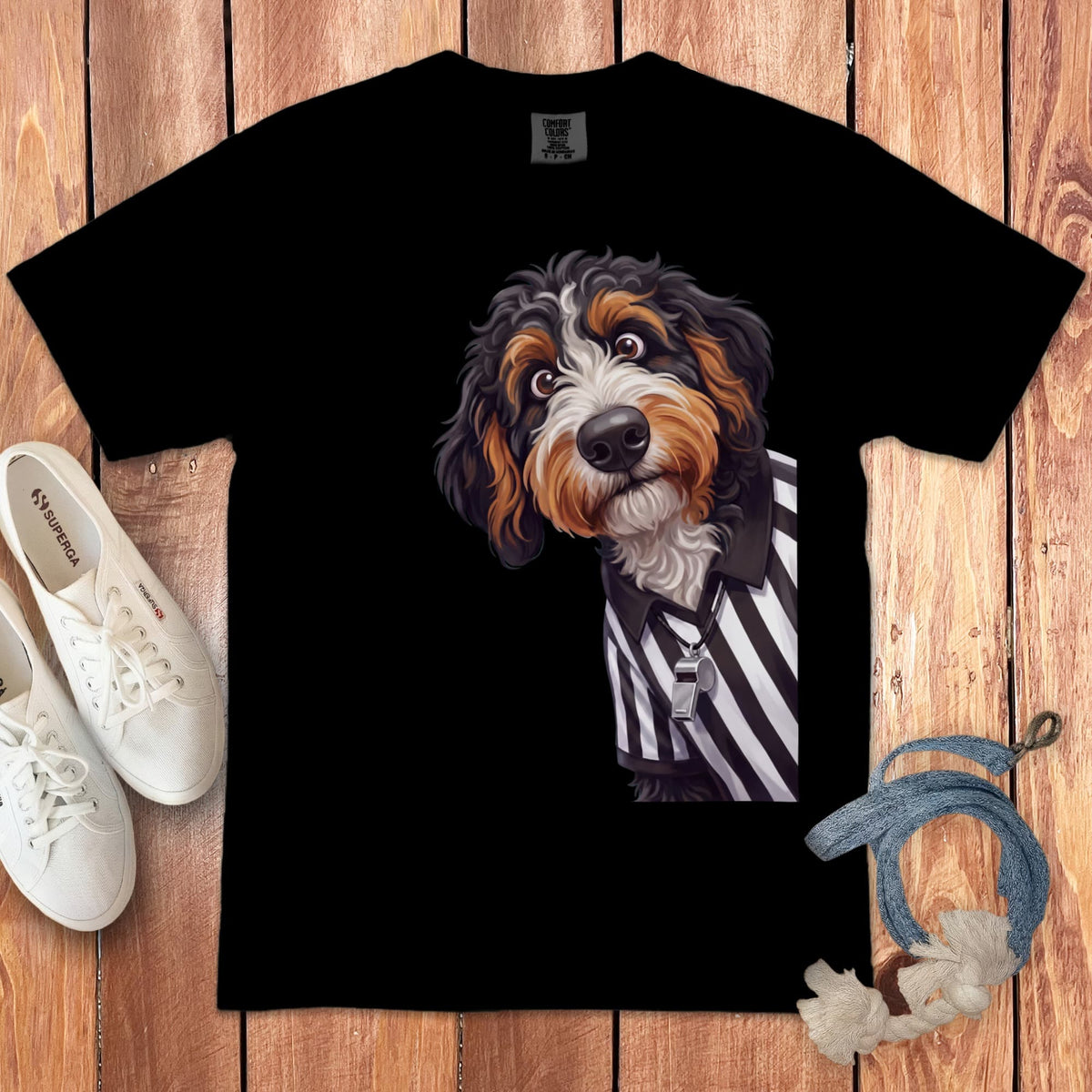 Bernedoodle Football Referee Signature T-Shirt in Black / S by Puppy Jo