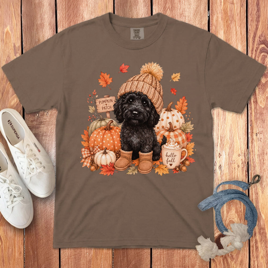 Black Goldendoodle Pumpkin Patch Signature T-Shirt in Espresso / S by Puppy Jo