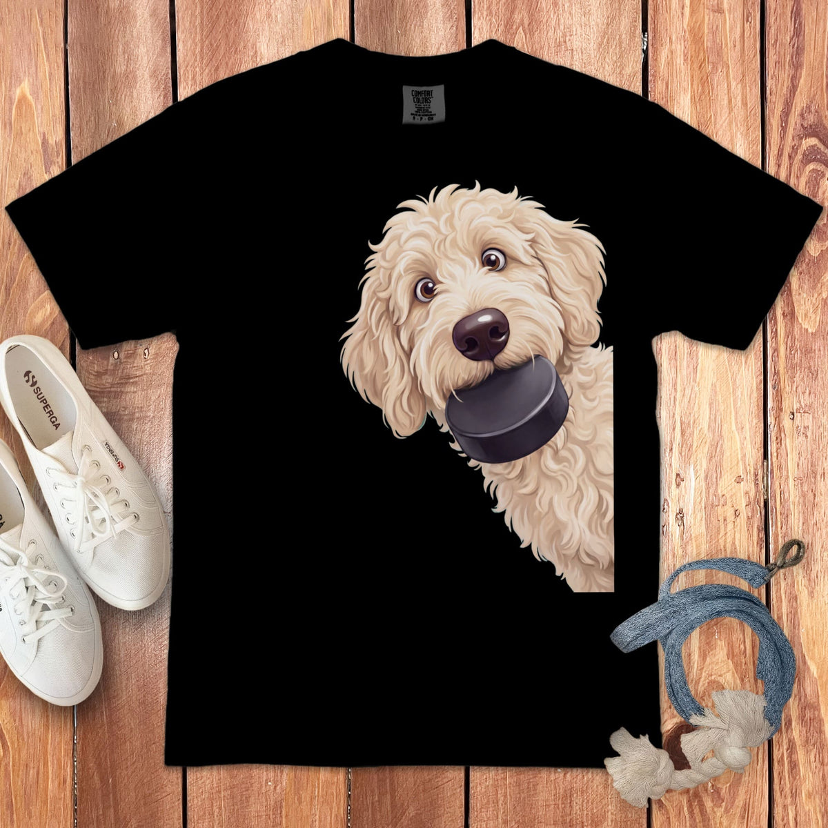 Cream Goldendoodle Hockey Puck Signature T-Shirt in Black / S by Puppy Jo