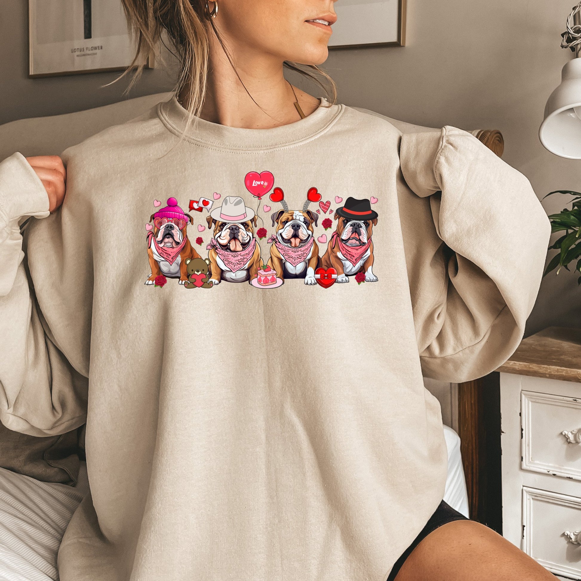 Bulldog Love Themed Valentine's Day Sweatshirt - PuppyJo Sweatshirt S / Sand