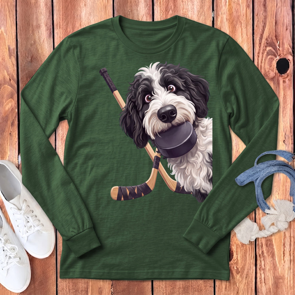 Sheepadoodle Hockey Long Sleeve T-Shirt in Heather Forest / S by Puppy Jo