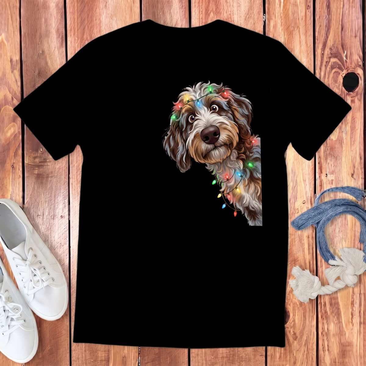 Black t-shirt with doodle dog peeking out, wearing colorful string lights.