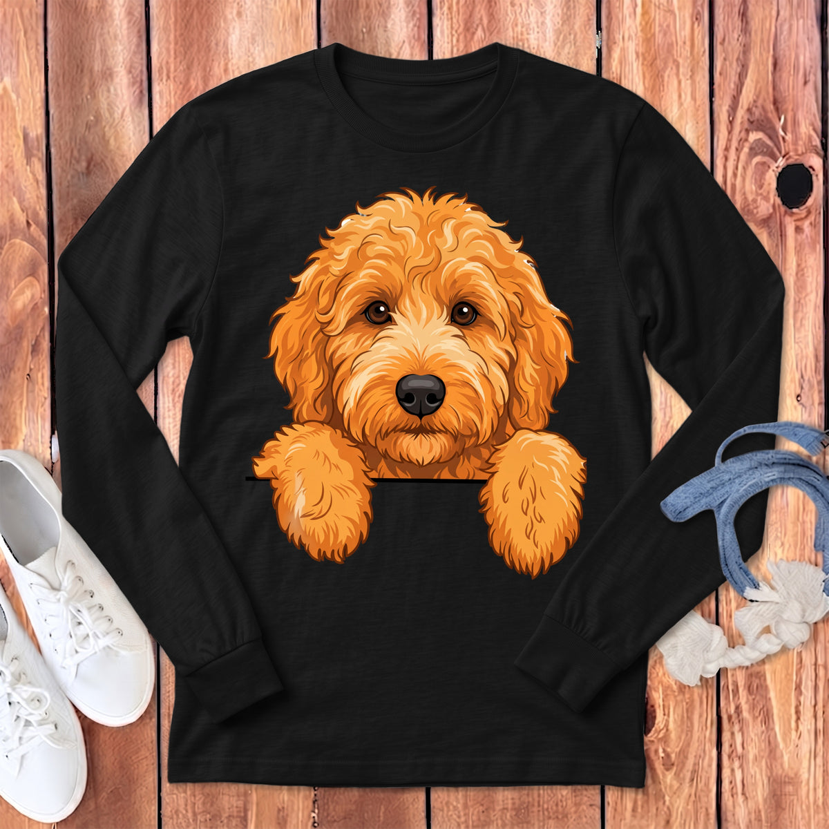 Black long-sleeve shirt with a drawing of a fluffy goldendoodle dog.