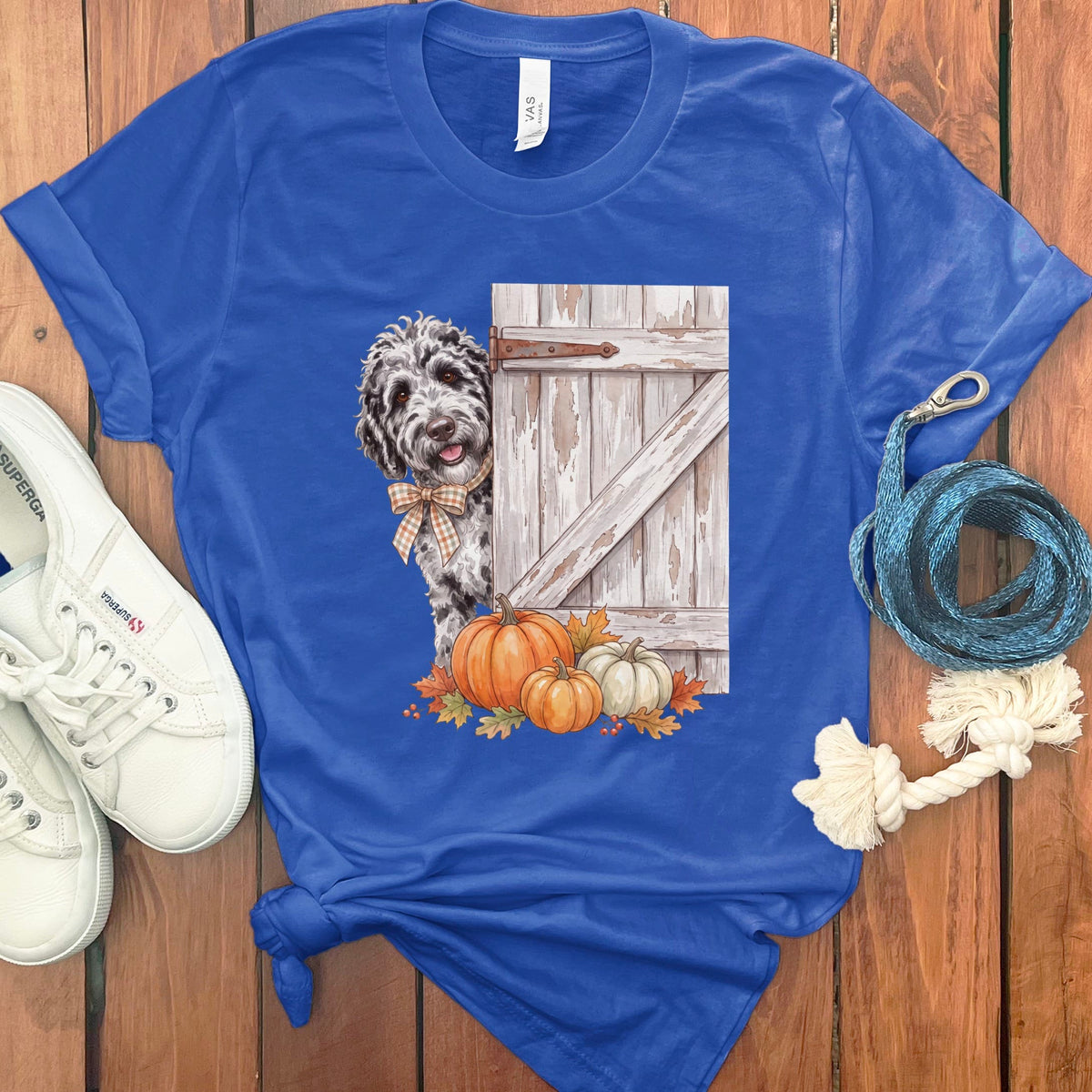 Merle Goldendoodle Barn Peeking T-Shirt in True Royal / S by Puppy Jo