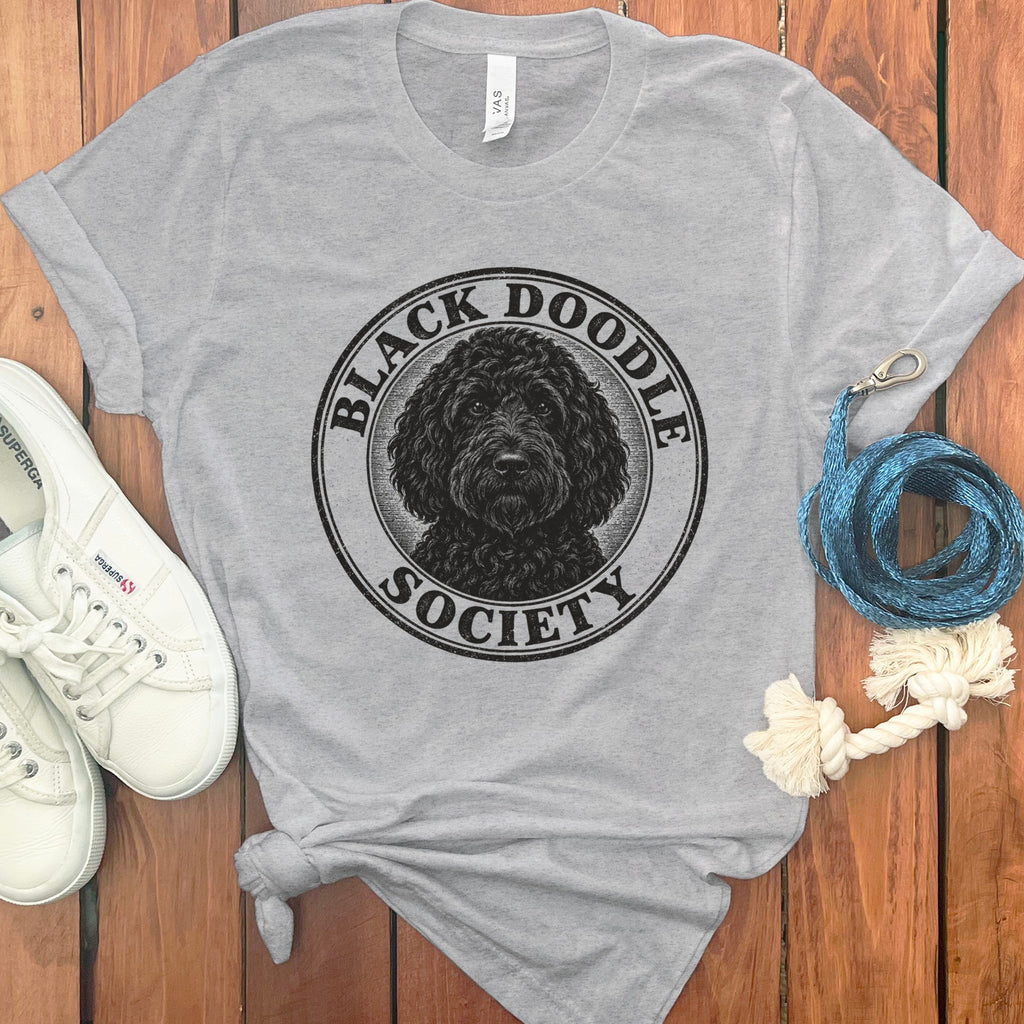 Grey t-shirt with "Black Doodle Society" text and a black doodle illustration.