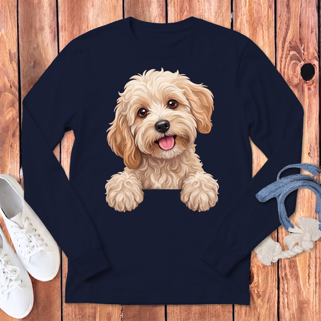 Navy long sleeve shirt with a fluffy tan puppy illustration.