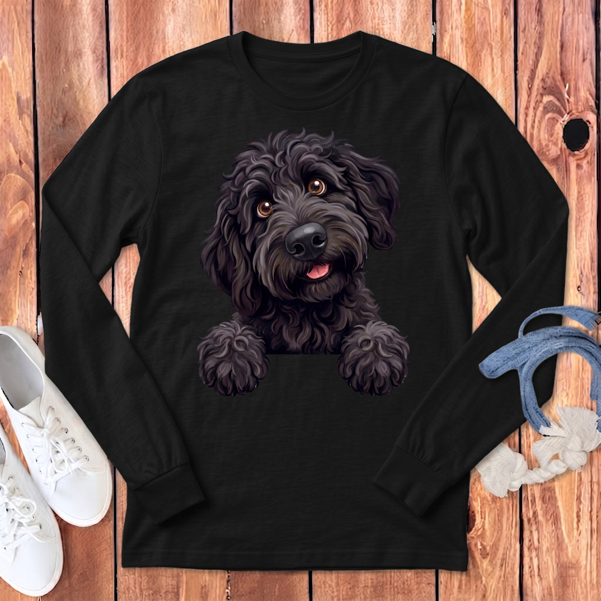 Black long-sleeve t-shirt featuring a cartoon doodle dog with paws.