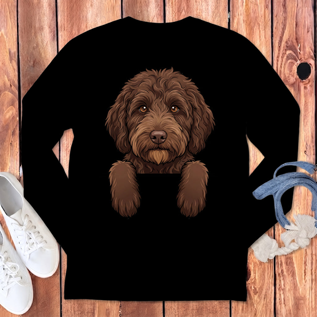 Black long-sleeve shirt with a brown doodle dog illustration.