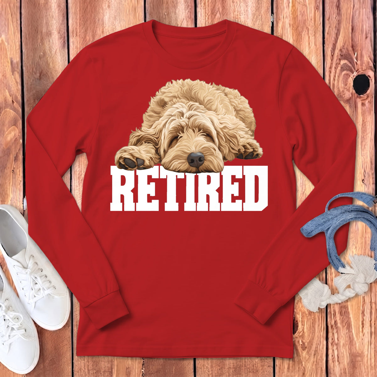 Retired Sleeping Golden Goldendoodle Long Sleeve T-Shirt in Red / S by Puppy Jo