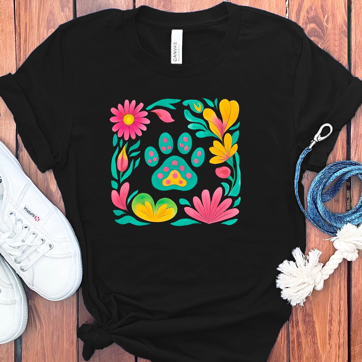 Colorful Floral Paw Print Design Black T-Shirt product