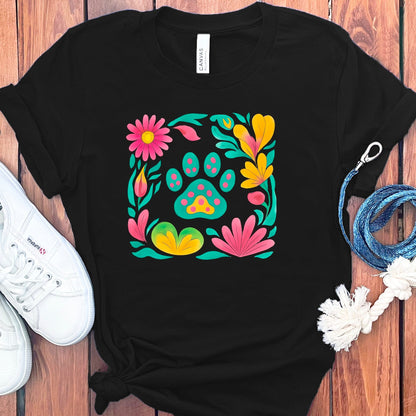 Colorful Floral Paw Print Design Black T-Shirt product