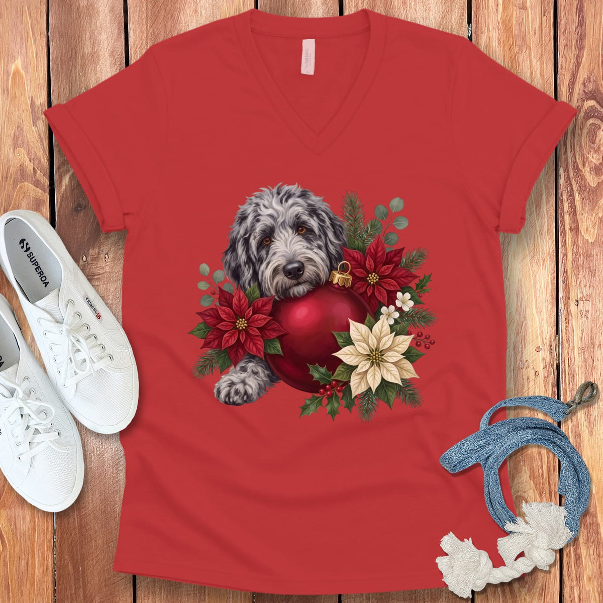Merle Goldendoodle Holiday Cheer V-Neck T-Shirt in Red / S by Puppy Jo