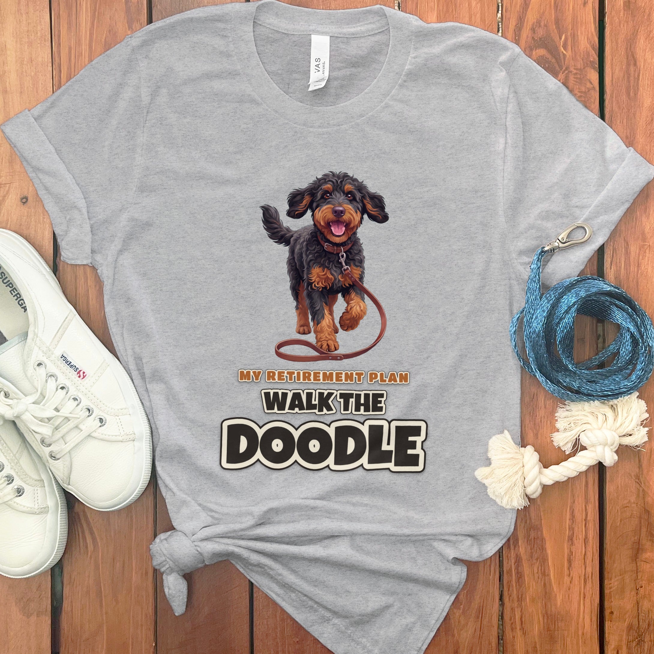 Gray t-shirt with doodle dog graphic and text "MY RETIREMENT PLAN WALK THE DOODLE".