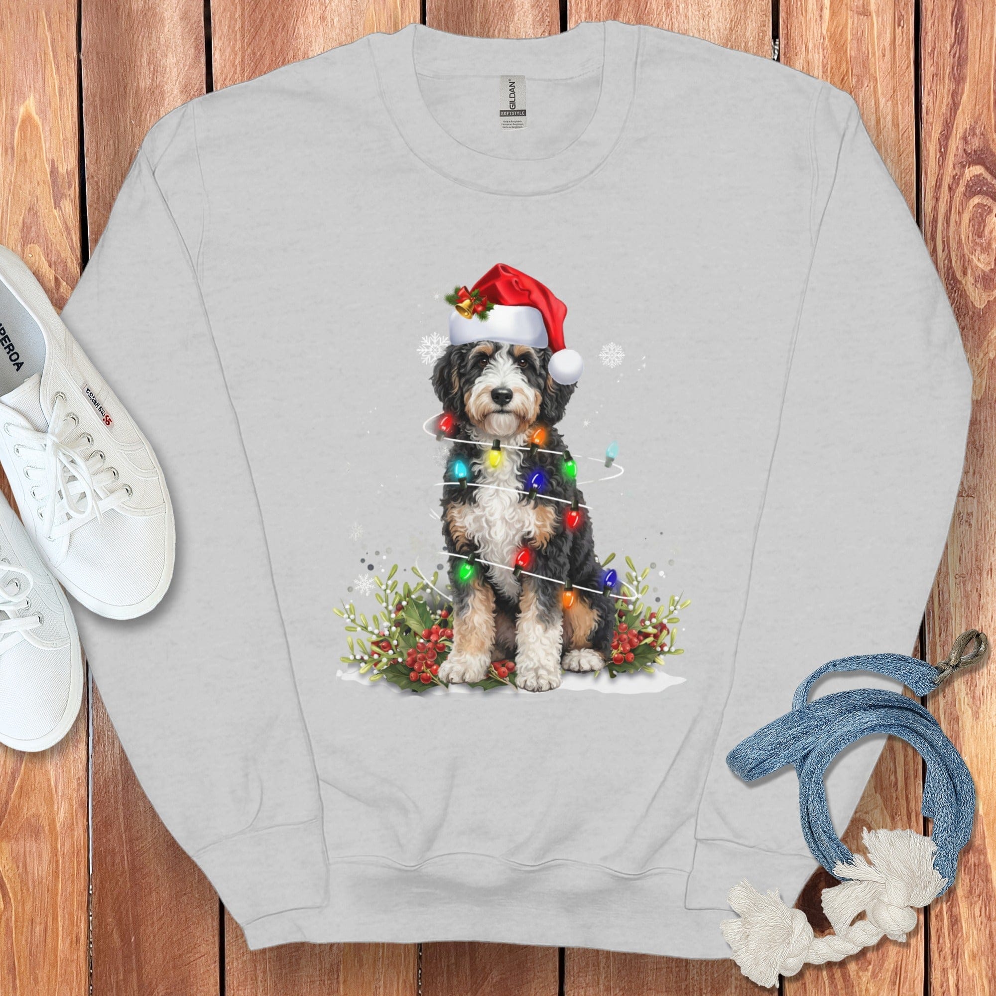 Festive Dog in Santa Hat with Christmas Lights Sweater