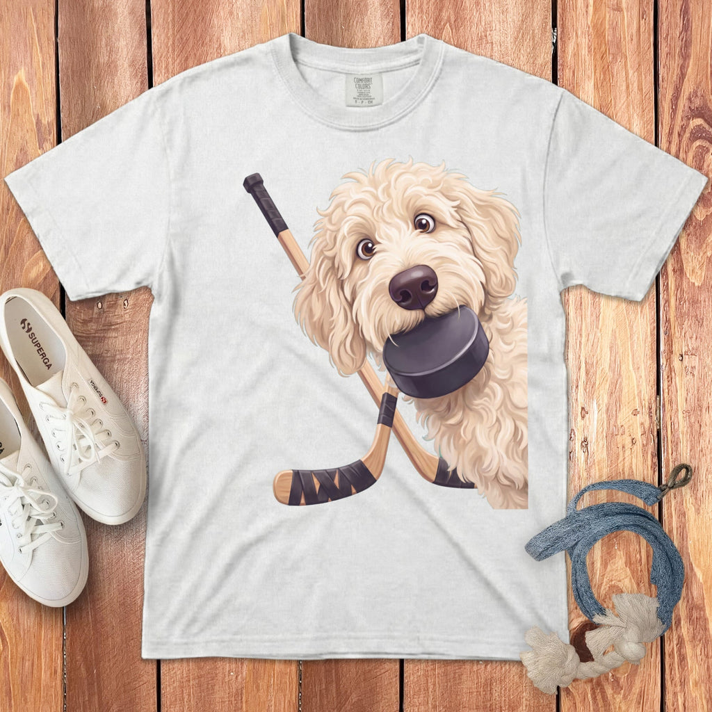 Cream Goldendoodle Hockey Signature T-Shirt in White / S by Puppy Jo